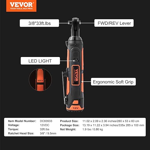 Miniatura 7 de VEVOR Juego de llaves de trinquete eléctricas inalámbricas de 38 pulgadas, kit de herramientas de trinquete eléctrico de 12 V, 33 pies-libras, carga