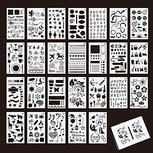 Pilikoll 26 Pcs Drawing Painting Art Stencil Reusable Painting Craft Stencils Plastic Painting Stencils DIY Crafts Drawing Painting Stencil for DIY Scrapbook, Diary, Bullet Journal, Painting Craft