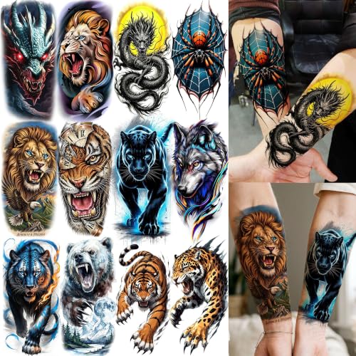 Image of Bilizar 12 Sheets Creative Animals Temporary Tattoos For Men Women Adults Lion Tiger Panther Tattoo Sticker, Realistic Wolf Dragon Spider Fake Tattoos Forearm Half Arm Sleeve Tatoos Waterproof Durable