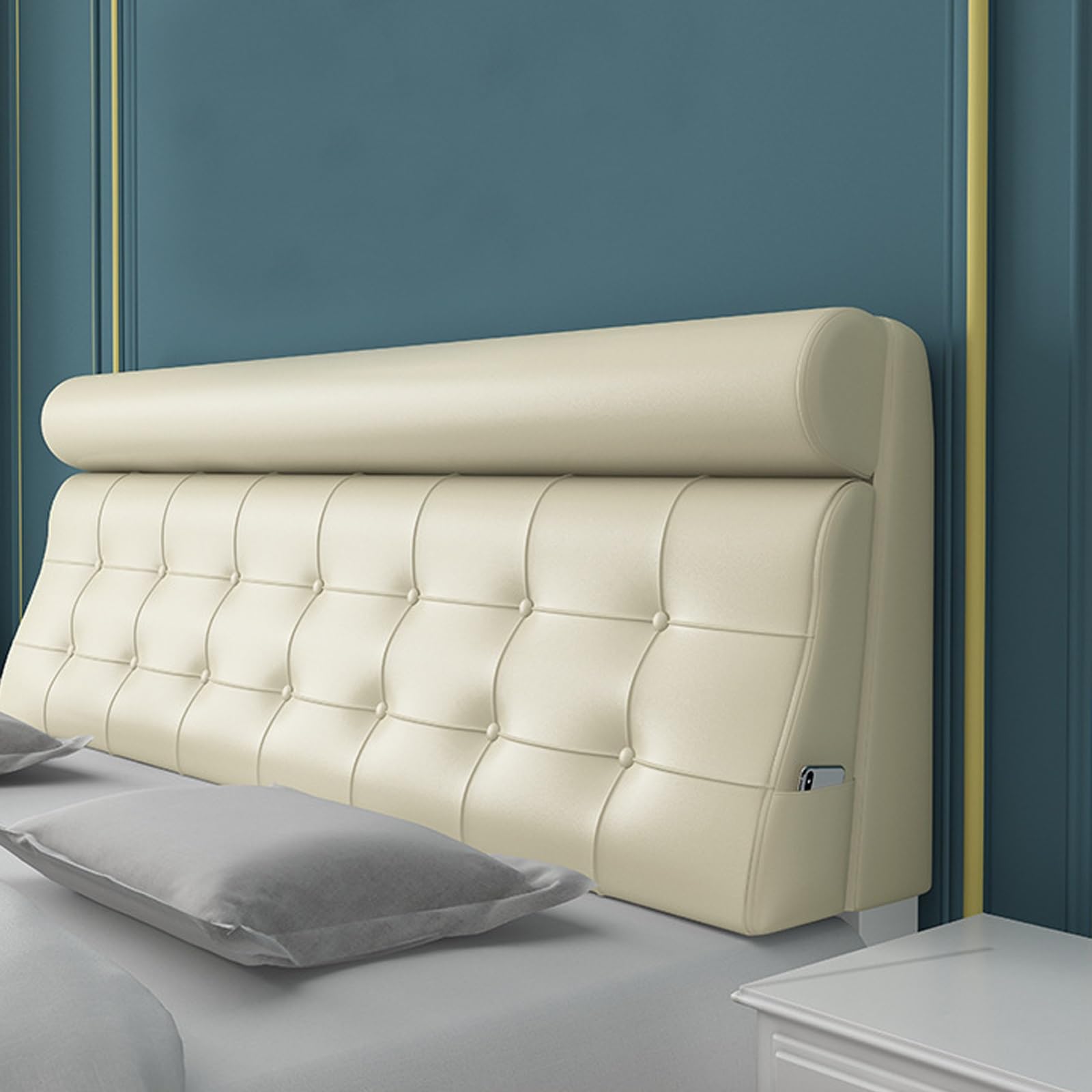 Coussin de cou long en cuir blanc pour lire au lit confortablement