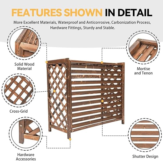 Solid Wood Air Conditioning Cover Decorative Frame for Outside Unit, Retro Brown Air Conditioner Privacy Screen Plant Flower Stand Display for Balcony(Medium-100x43x94cm)