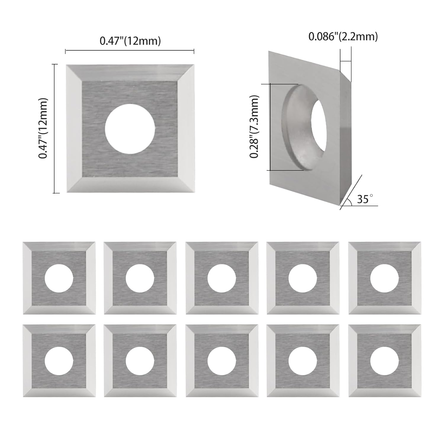 12x12x2.2mm Square Insert Carbide Replaceable Blade, 10 Pack Planer Knives for Surfacing, Planning, Flycutter & Slab Leveler Router Bit Replacement Cutter (12x12x2.2mm)