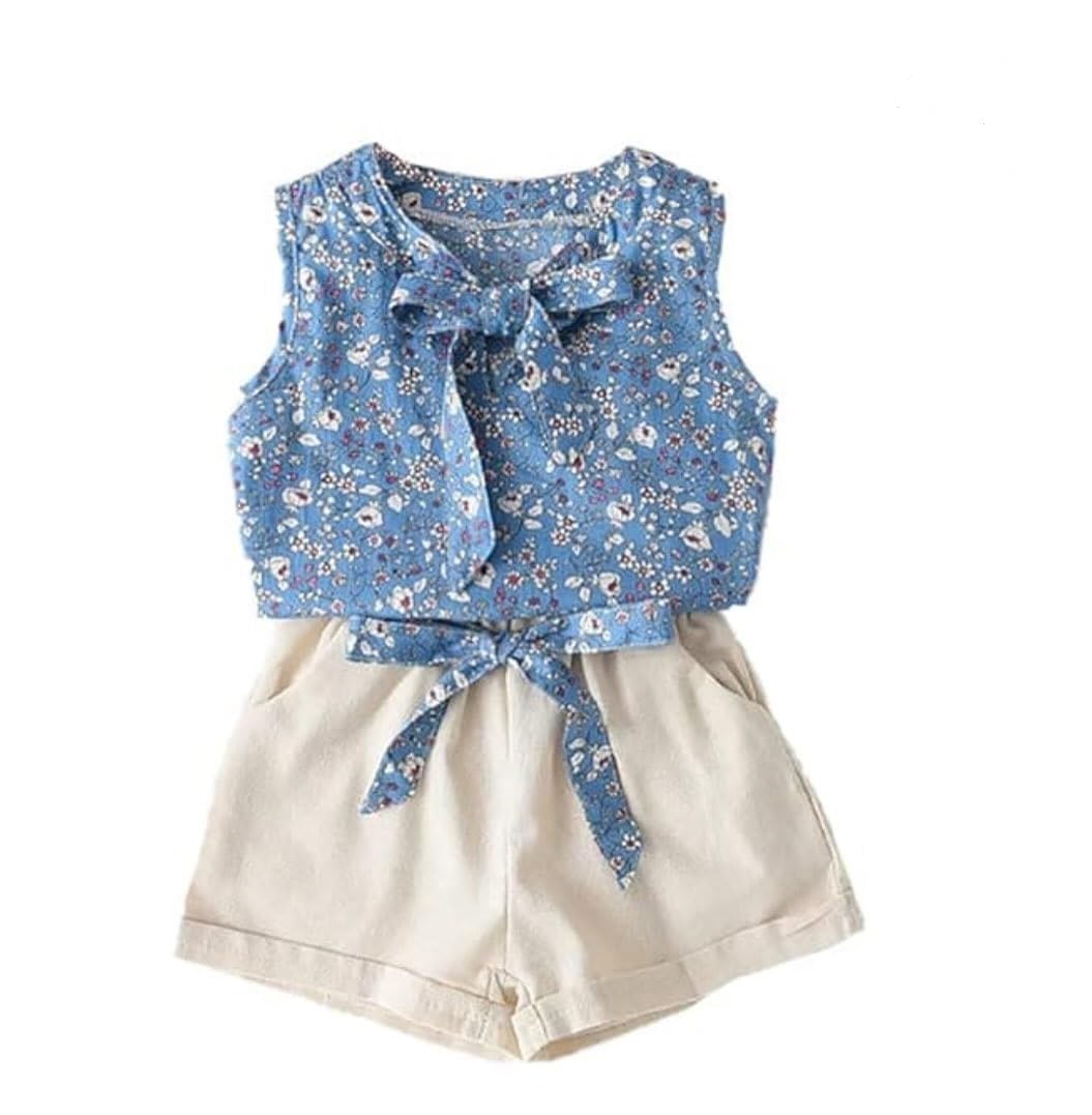 Bold N Elegant Cute Flower Printed Girls Cotton Sleeveless Top and Shorts Clothing Set for Infant Toddler Baby Girl