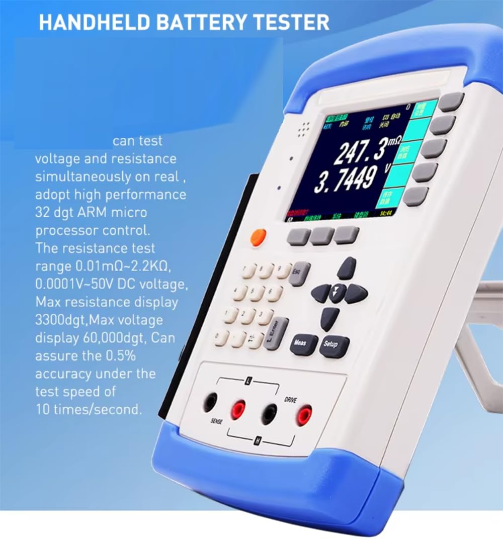 Battery Internal Resistance Tester Digital Battery Tester with Accuracy 0.5% 0.1mΩ-200.0Ω Resistance 0-50V DC Voltage 3200 Digits Display 500 Groups Data Storage USB Interface