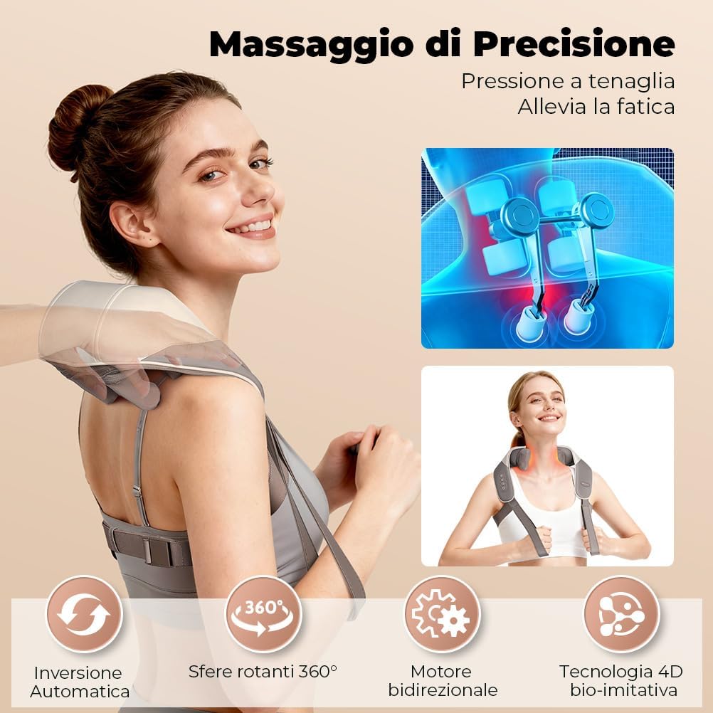 Diagram illustrating the 4D bio-imitative massage technology with rotating spheres and bidirectional motor for deep tissue relief.