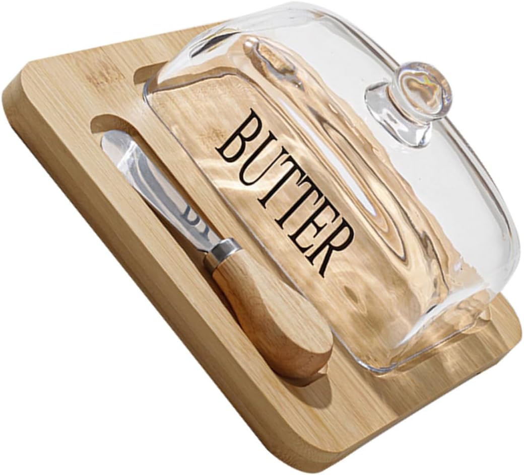 Butter Dish with Glass Dome Lid and Metal Cutter Square Clear Butter Holder Tray for Fresh Storage and Easy Cutting with Sealing Cover