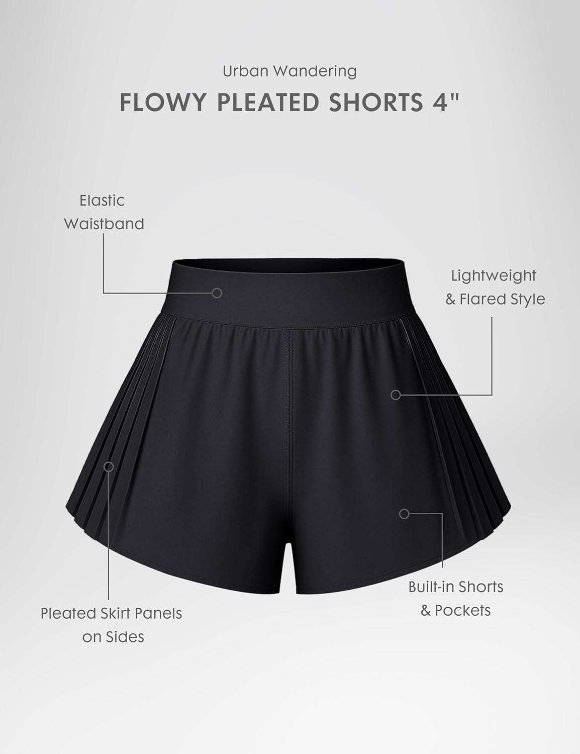 Womens 2 in 1 Flowy Athletic Shorts Pleated Skort Flared A-Line with Pockets 4" Built in Shorts for Tennis Running - Image 5