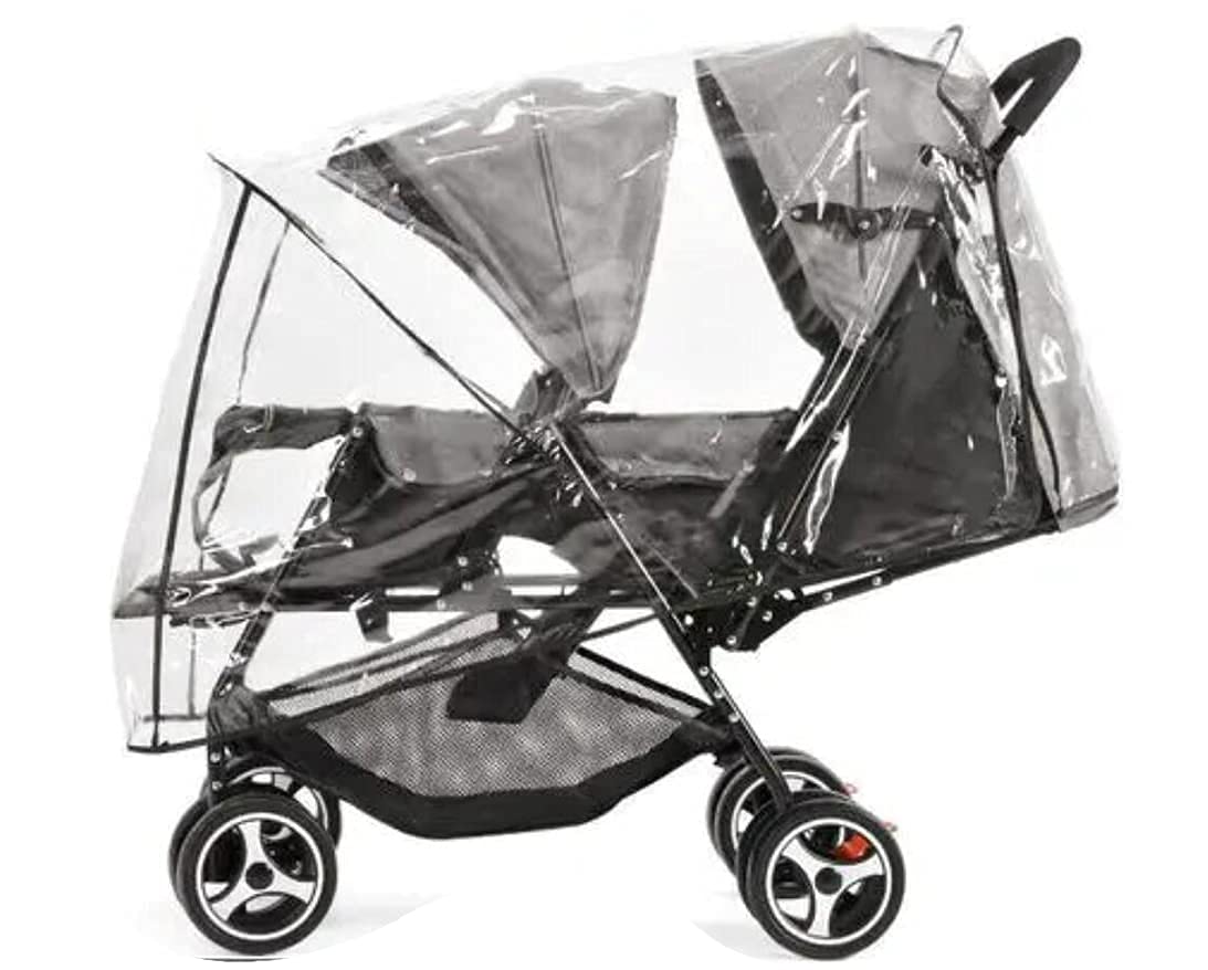 Housse de pluie universelle imperméable Double Housse de Capuche PVC Protection de siège jumaux pour Landau Bébé Habillage Poussette avant/arrière/côté Couverture à 360 ° (Transparent2)