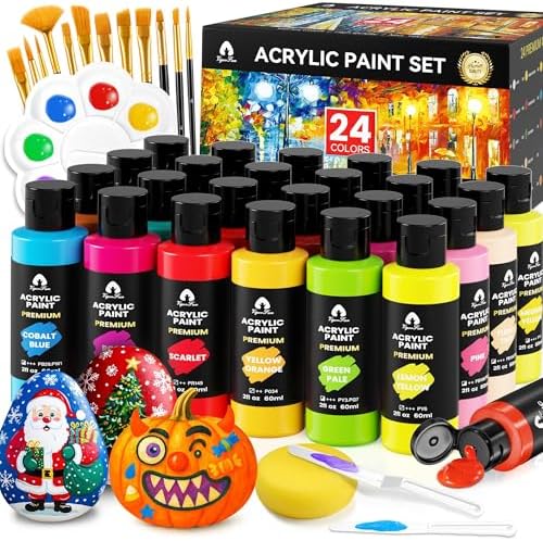 40 Pcs Acrylic Paint Set – 24 Colors (2oz/60ml) with 12 Brushes, 2 Knives & Palette – Rich Pigments for Adult, Artists & Beginners – Painting on Halloween Pumpkin Canvas Ceramic Rock Wood