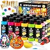 40 Pcs Acrylic Paint Set - 24 Colors (2oz/60ml) with 12 Brushes, 2 Knives & Palette - Rich Pigments for Adults, Kids, Artists & Beginners - Painting on Halloween Pumpkin Canvas Ceramic Rock Wood