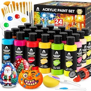 40 Pcs Acrylic Paint Set - 24 Colors (2oz/60ml) with 12 Brushes, 2 Knives & Palette - Rich Pigments for Adults, Kids, Artists & Beginners - Painting on Halloween Pumpkin Canvas Ceramic Rock Wood