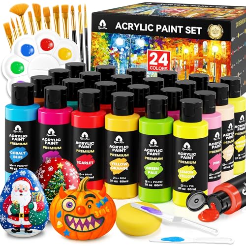 40 Pcs Acrylic Paint Set - 24 Colors (2oz/60ml) with 12 Brushes, 2 Knives & Palette - Rich Pigments...