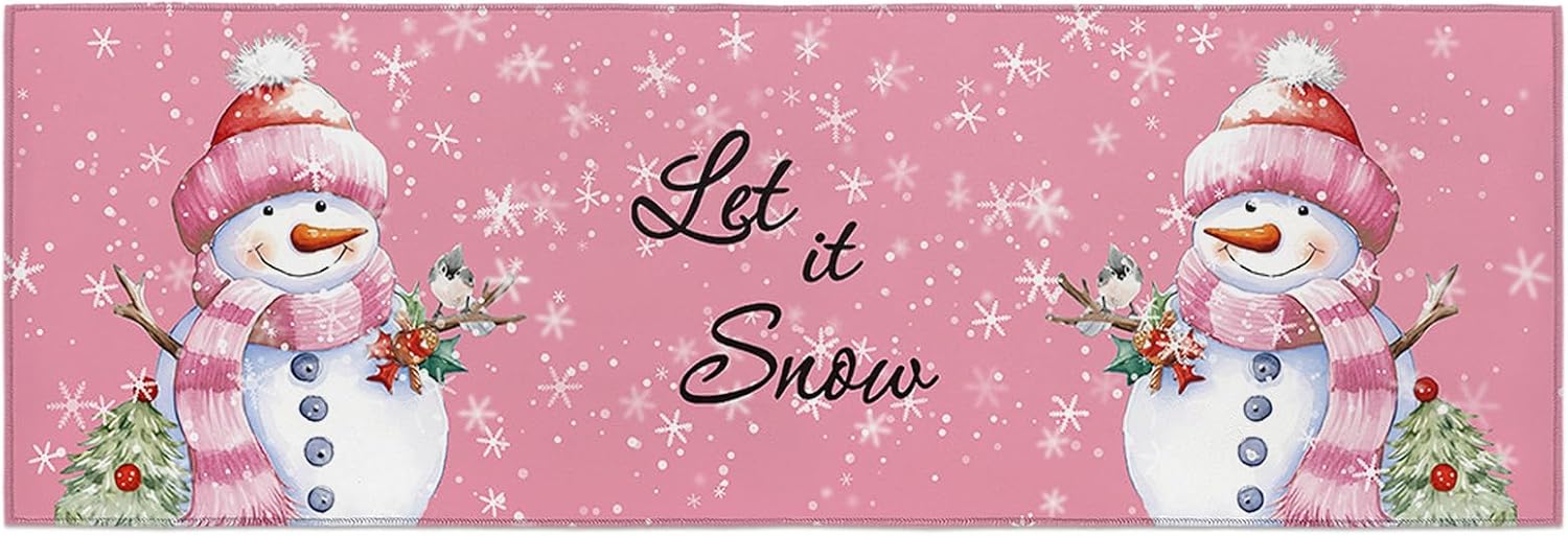 Kitchen Rugs Long Floor Door Mats Absorbent Entryway Rug Winter Christmas Snowman Bird Indoor Carpet Non-Slip Area Runner,White Snowflake on Pink Entrance Doormat for Bedroom Bathroom