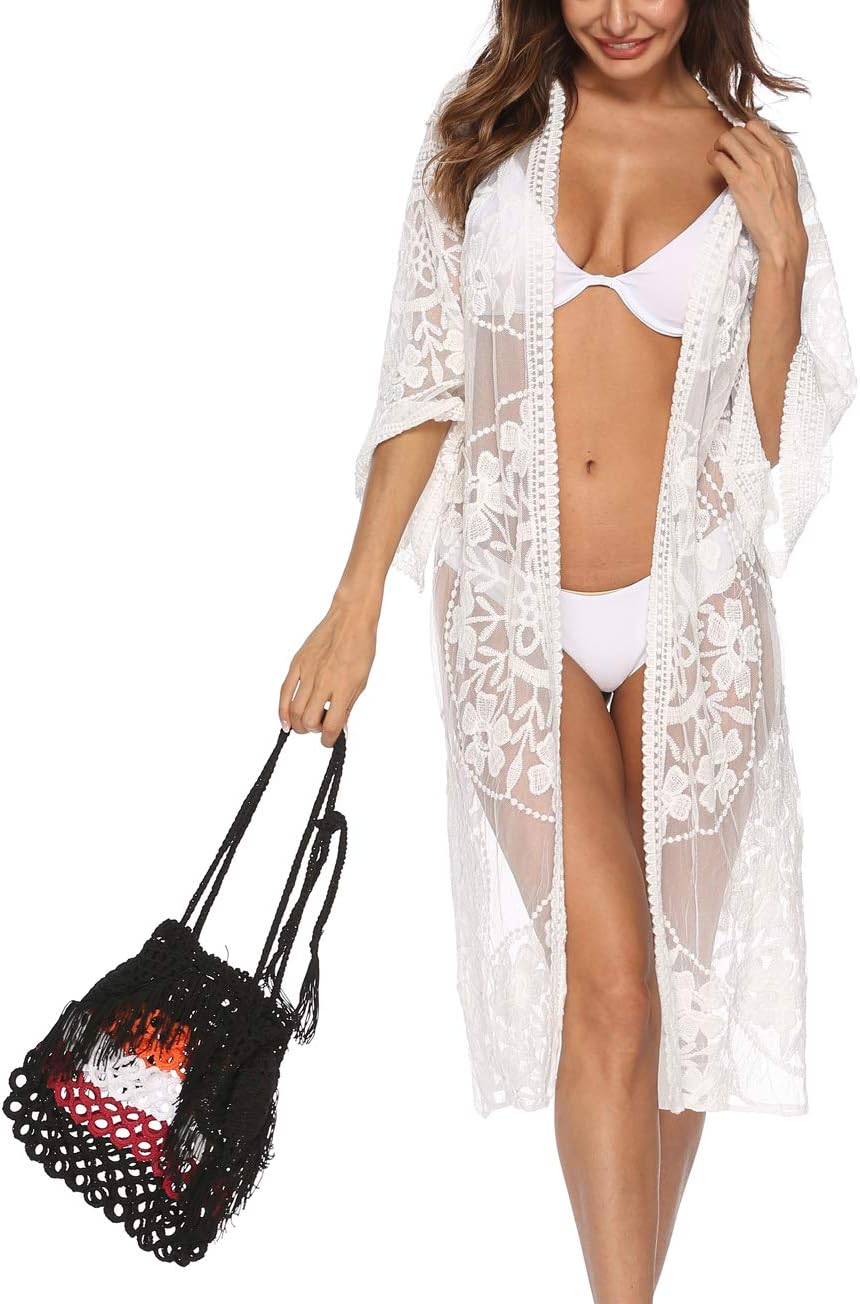 Women's Lace Cardigan Floral Crochet Sheer Beach Cover Ups Long Open Kimono - Image 4