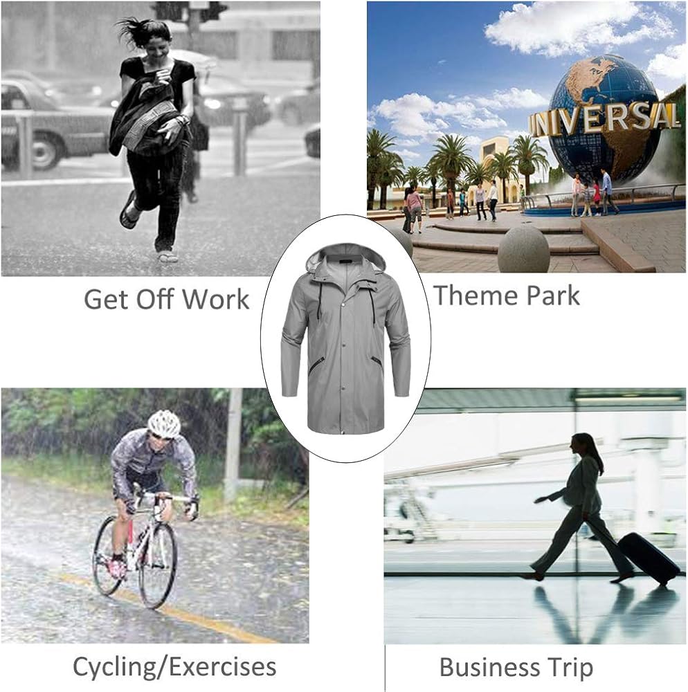 COOFANDY Men's Waterproof Rain Jacket with Hood Lightweight Packable Outdoor Long Raincoat Type02-light Grey(with Zipper Pockets) Small