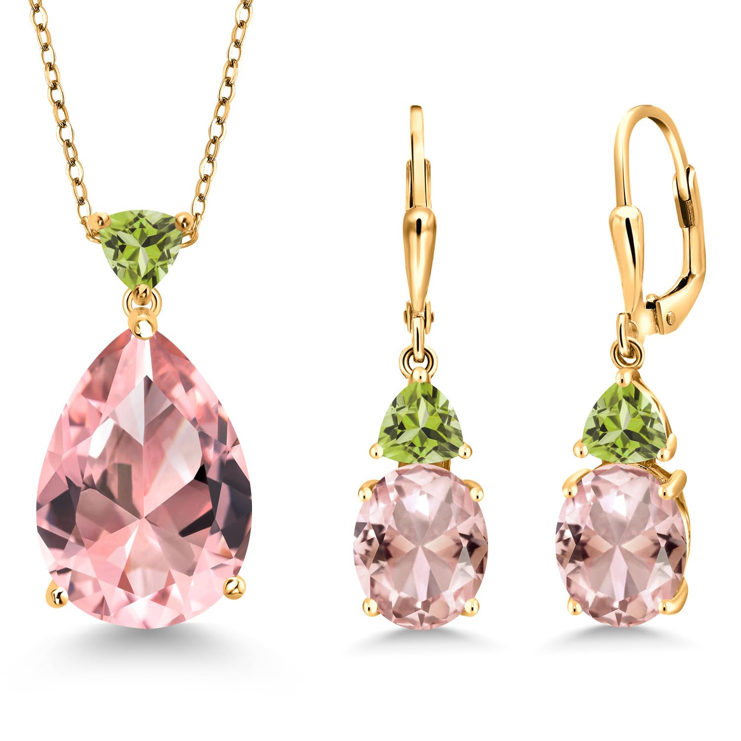 Gem Stone King 18K Yellow Gold Plated Silver Peach Nano Morganite and Green Peridot Pendant Earrings Jewelry Set For Women | 16.43 Cttw | Pear Shape 18X13MM | With 18 Inch Chain