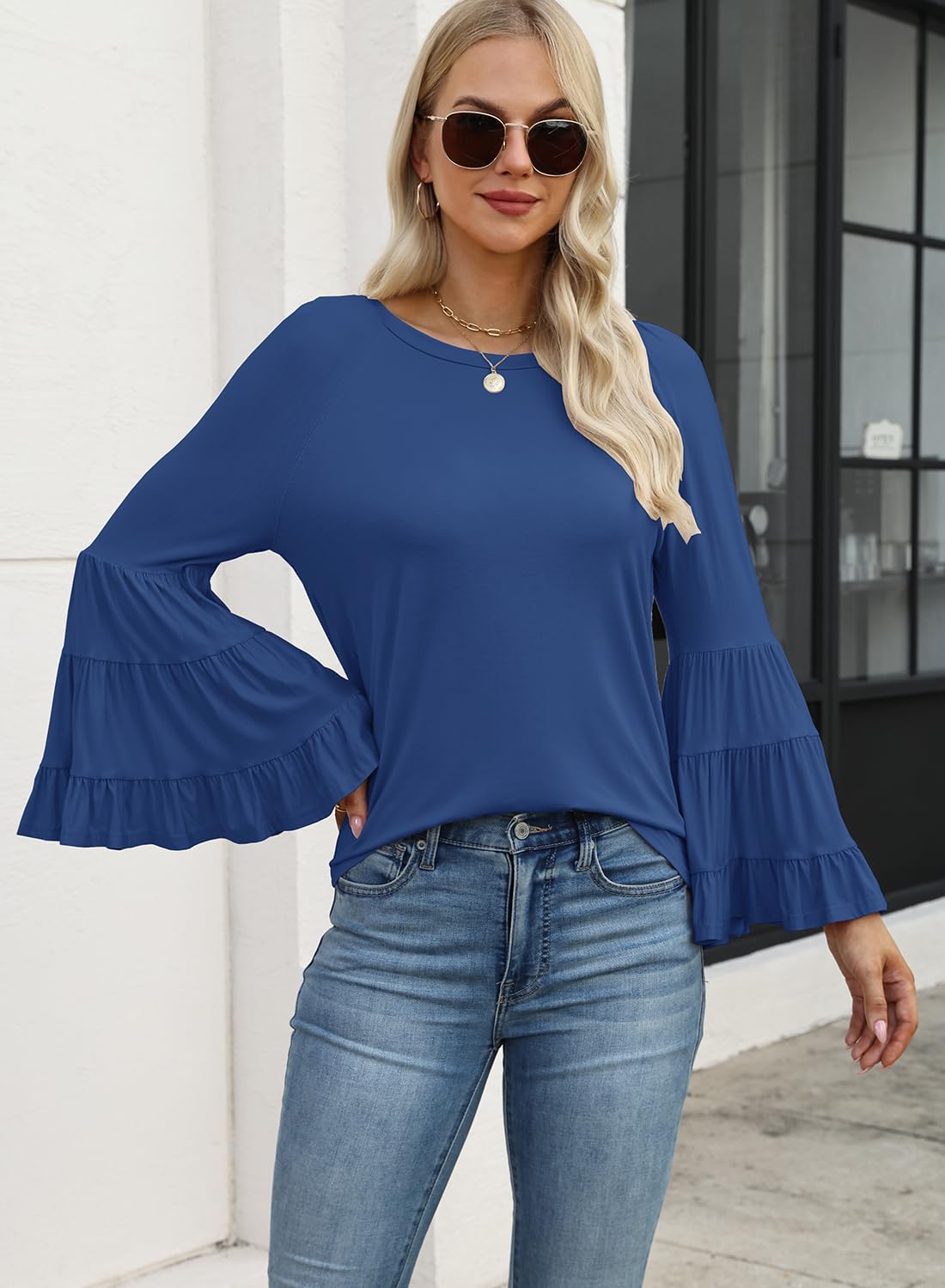 Hount Women Casual Long Bell Sleeve Tops Loose Round Neck T Shirt Flare Sleeve Shirt Tops