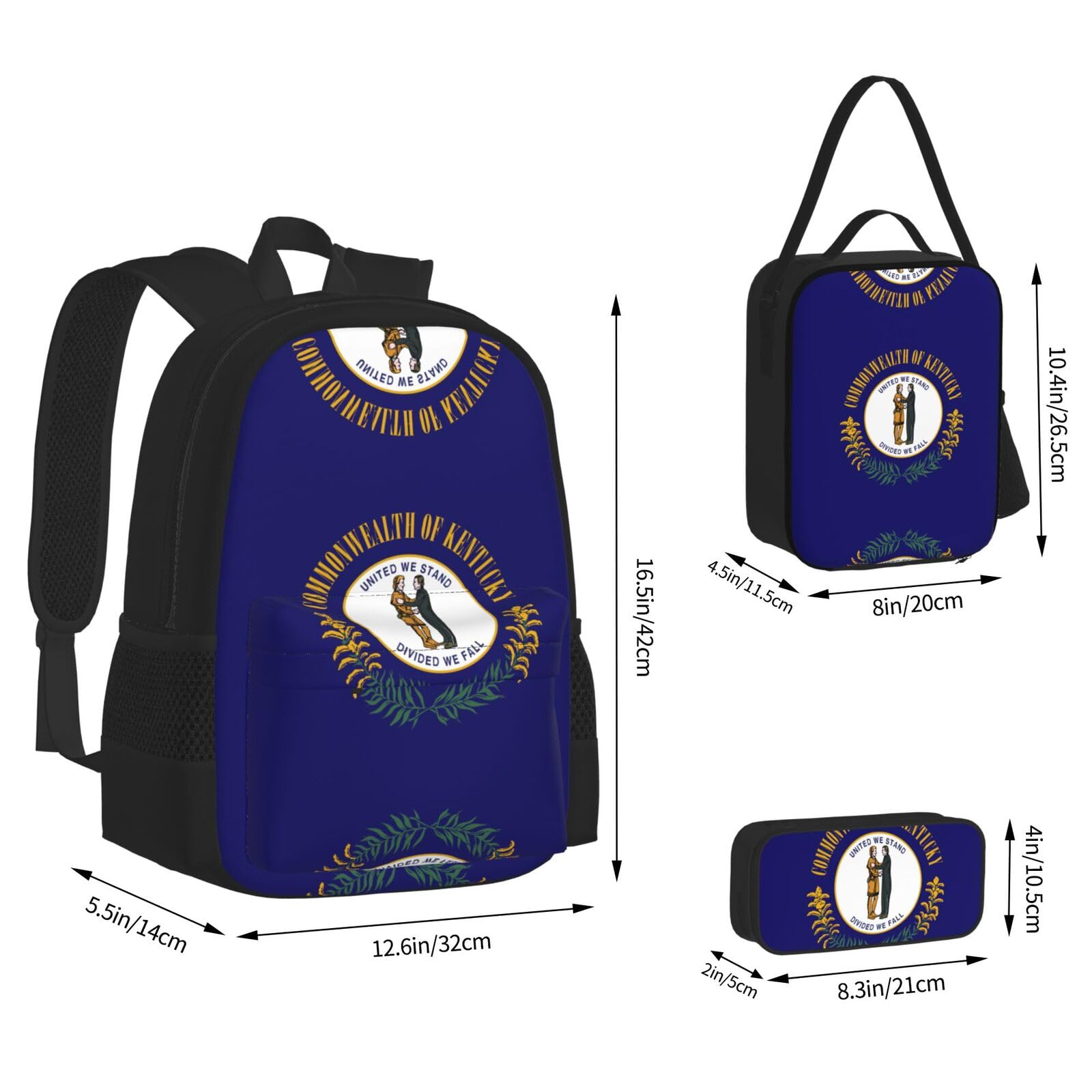 Kentucky State Flag Print torba na książki torba na lunch piórnik 3 w 1 plecaki zestaw plecak, czarny, jeden rozmiar, Czarny, rozmiar uniwersalny