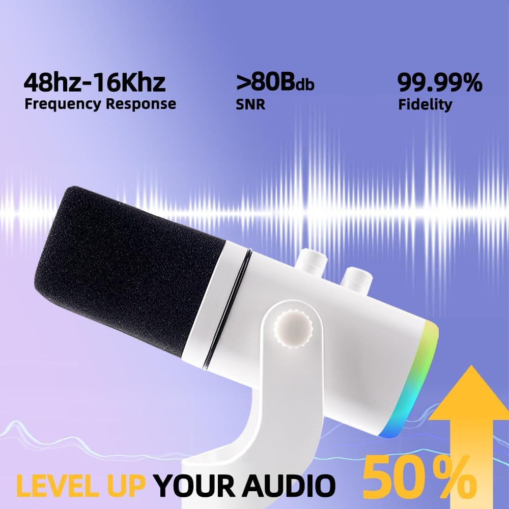 YU8-white Dynamic Microphone - USB/XLR RGB Mic with Echo Adjustment, Mute Key & Monitoring Jack, Desktop Microphone for PC Gaming, Streaming & Chat