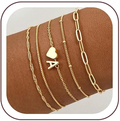 Turandoss 5PCS Heart Initial Bracelet Set for Girls, Jewelry Birthday Gifts