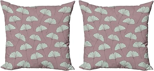 Ambesonne Juego de 2 fundas de almohada botánicas con patrón de hojas de ginkgo efecto retro con flores de campo rural para jardín, fundas cuadradas