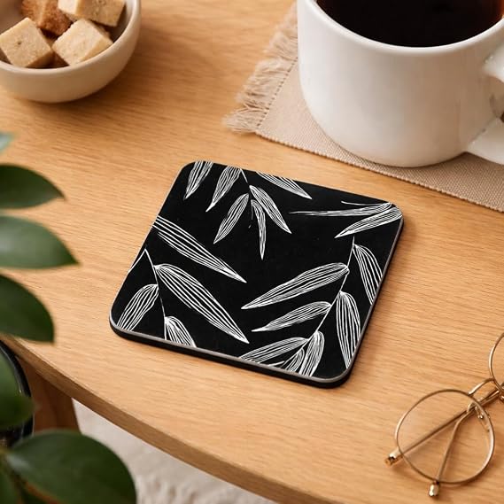 Cork Backed Coasters with Black and White Leaf Pattern, Square Shape, Set of 4