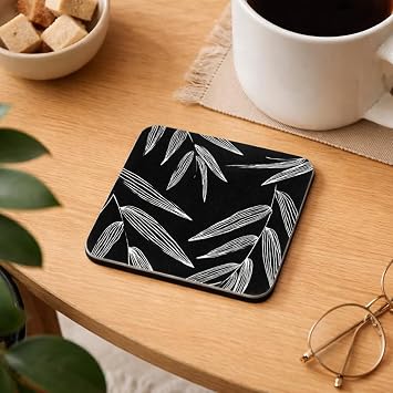 Cork Backed Coasters with Black and White Leaf Pattern, Square Shape, Set of 4