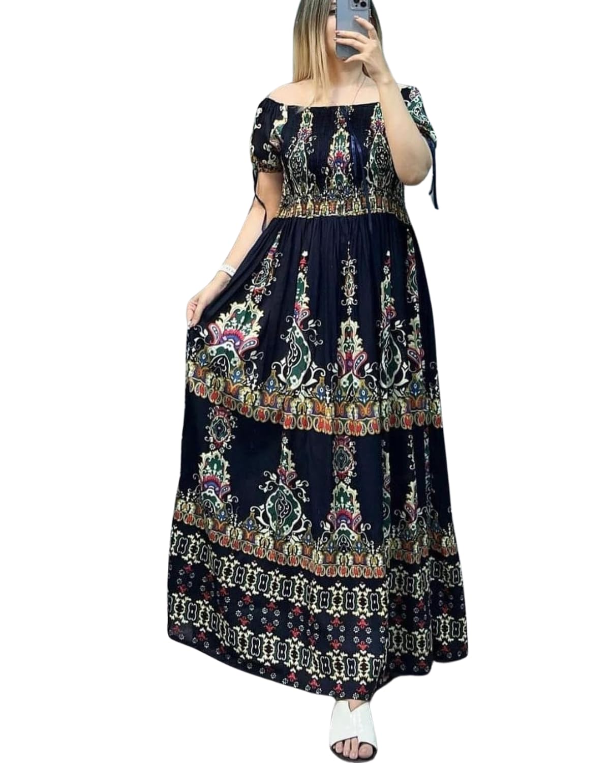 naiades Attractive Printed Rayon Bobin One Piece Fit and Flare Dress Floral Pattern Short Sleeves Off Shoulder and Pattern Comfy Divine Trendy Nightdresses for Women-picture-17