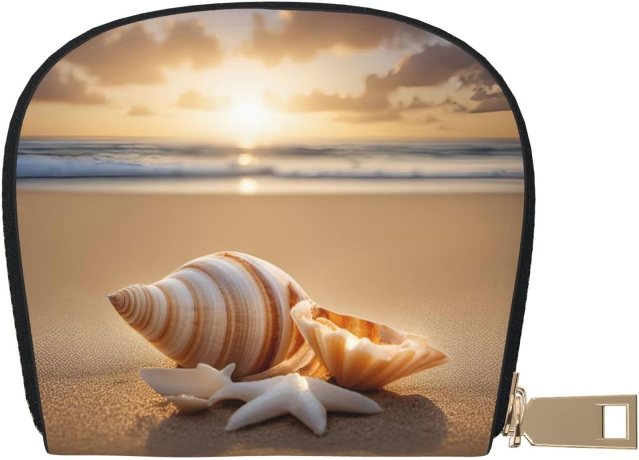 Seashell Landscape On The Beach print Wallet Credit Cards Holder Business Card Case for Men Women Compact Size for Adults
