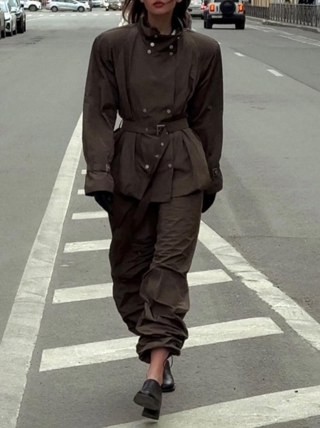 Women Vintage Stand Collar Belt Jacket Loose Long Sleeve Button Solid Street Lace Up Coats