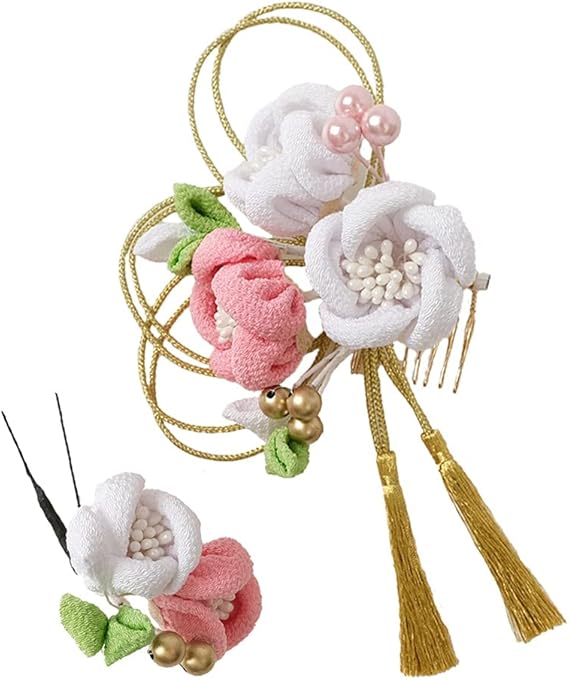 Amazon Co Jp 京都きもの友禅 髪飾り 2点セット ヘアアクセ お花 タッセル 花ごころ ドライフラワー風 つまみ細工 コサージュ 白 ピンク ファッション