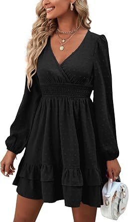 Rooscier Womens Wrap V Neck Swing Ruffle Swiss Dots Long Sleeve Mini Dress
