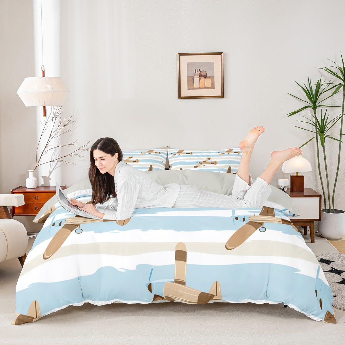 Homewish Retro Samolot King Zestawy Poszwa Na Kołdrę Kreskówka Latający Samolot Pościel Nowoczesna Kremowa Niebieskie Paski Kołdra Poszewka Śliczne Samoloty Zestaw Łóżek
