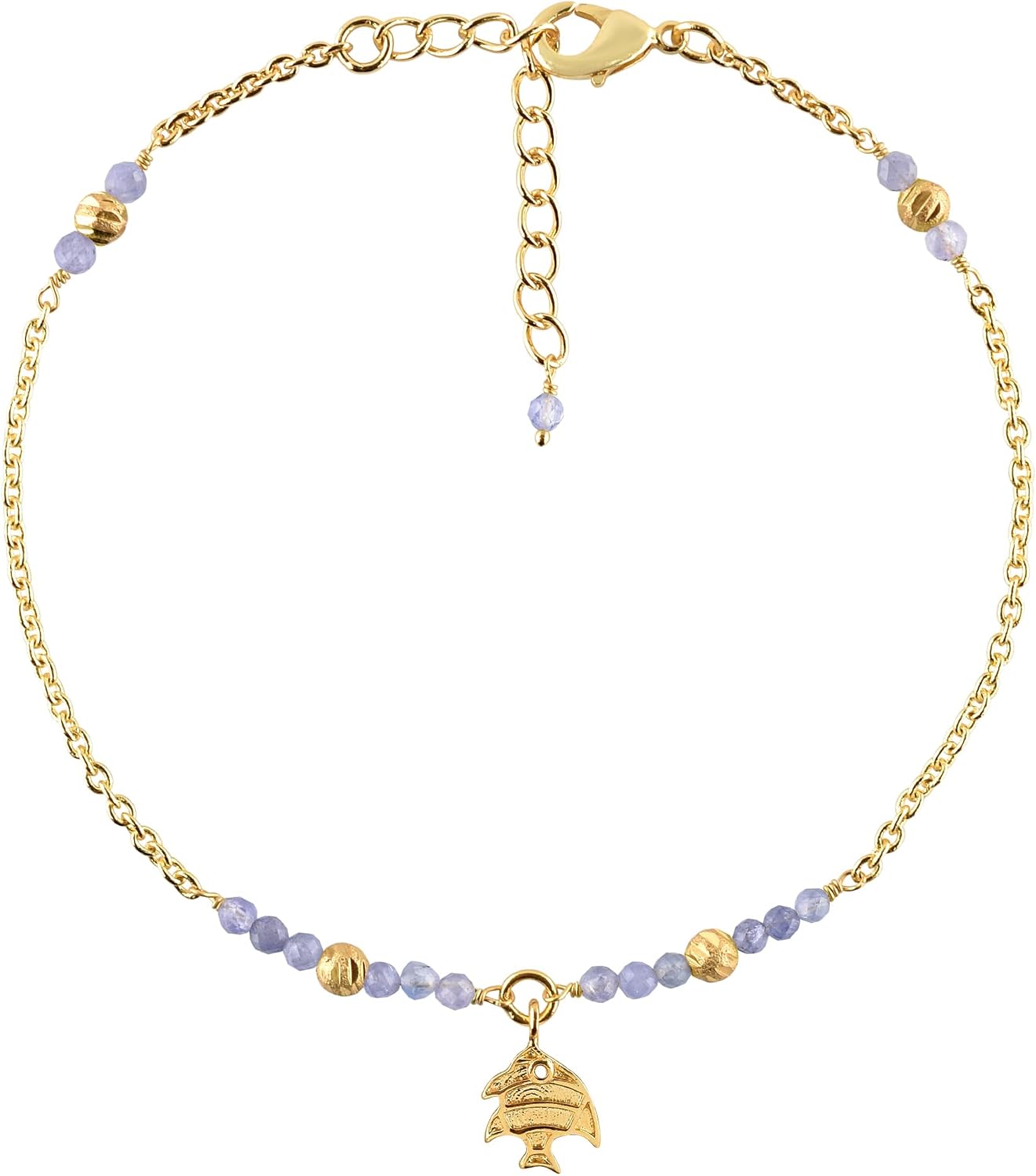 InfinityGemsArt Ankle Bracelets For Women, Natural Birthstone Beaded Boho Beach Jewelry, Dainty Gemstone Cute Fish Charm Anklet, 18k Gold Plated 9+1.5 inch Adjustable Chain, Handmade Birthday Gifts