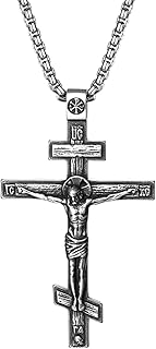 Orthodox Crucifix Cross Necklace for Men: Stainless Steel Religious Jesus Crucifix Byzantine Cross Christian Amulet Pendant Jewelry Gifts for Women