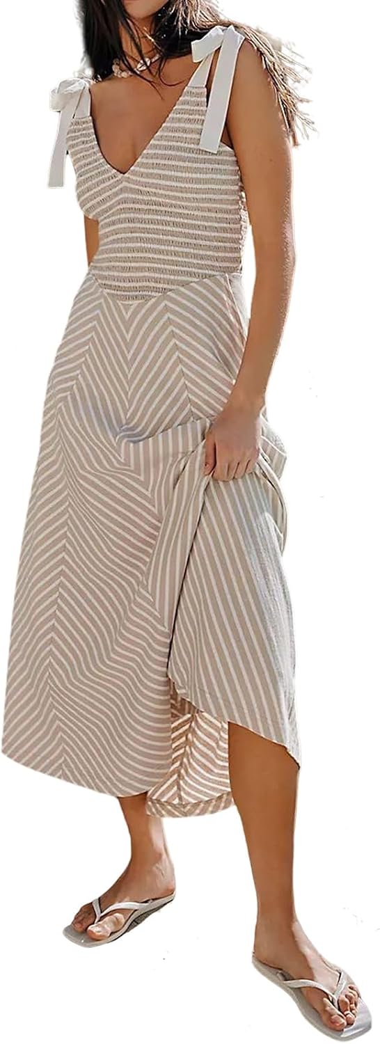 Striped Flowy Midi Dress for Women Summer Smocked Sleeveless Maxi Dresses Straps Backless Beach Dress Flowy Sundress