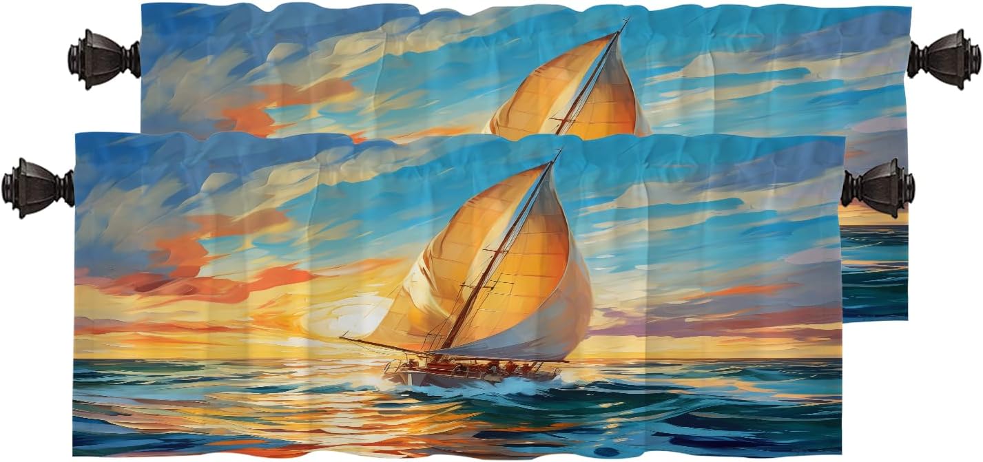 Sailing Boat Sunset Blackout Kitchen Curtain, Ocean Voyage Scene Window Treatment Rod Pocket Light Filtering Bathroom Short Valance 2 Pack 52X16 Inches
