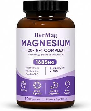 Magnesium 20 in 1 Complex, Magnesium Complex 20 in 1 for Women, 12 Forms of Magnesium Glycinate, Citrate, Malate & Taurate with B6, Zinc, Lions Mane, Daily Wellness, 90 Capsules