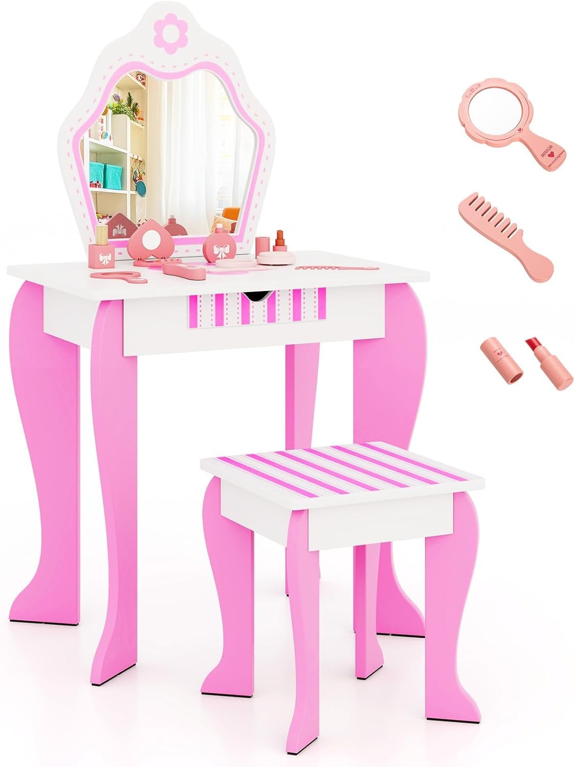 FANTASK Tocador Infantil con Taburete, tocador para niñas con Espejo extraíble y cajón, tocador de Princesa con Accesorios