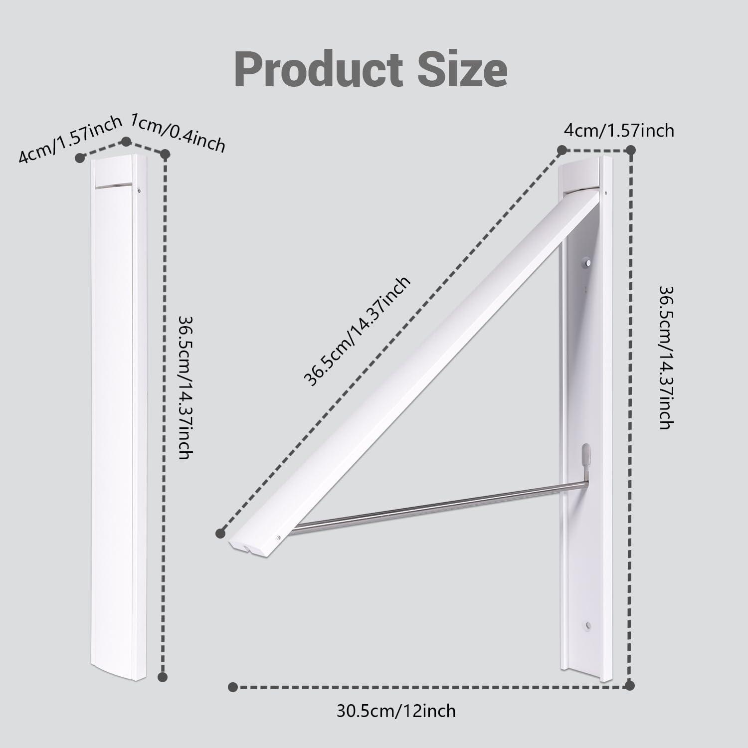 No Drill Wall Mounted Drying Rack 65 lb Aluminum, White | Wall rack folds flat to 0.39 inch. Holds 8-11 shirts. Pearl white finish for apartment, bathroom, RV, dorm.