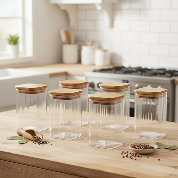 Deconox 6'lı Set 350 ml Bambu Kapaklı Kare Cam Kavanoz - 6x10 cm Vakumlu Orta Boy Şeffaf Erzak Kabı Kahve Çay Baharatlık ve Mutfak Düzenleyici Organizer Saklama Kutusu