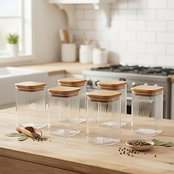 Deconox 6'lı Set 350 ml Bambu Kapaklı Kare Cam Kavanoz - 6x10 cm Vakumlu Orta Boy Şeffaf Erzak Kabı Kahve Çay Baharatlık ve Mutfak Düzenleyici Organizer Saklama Kutusu