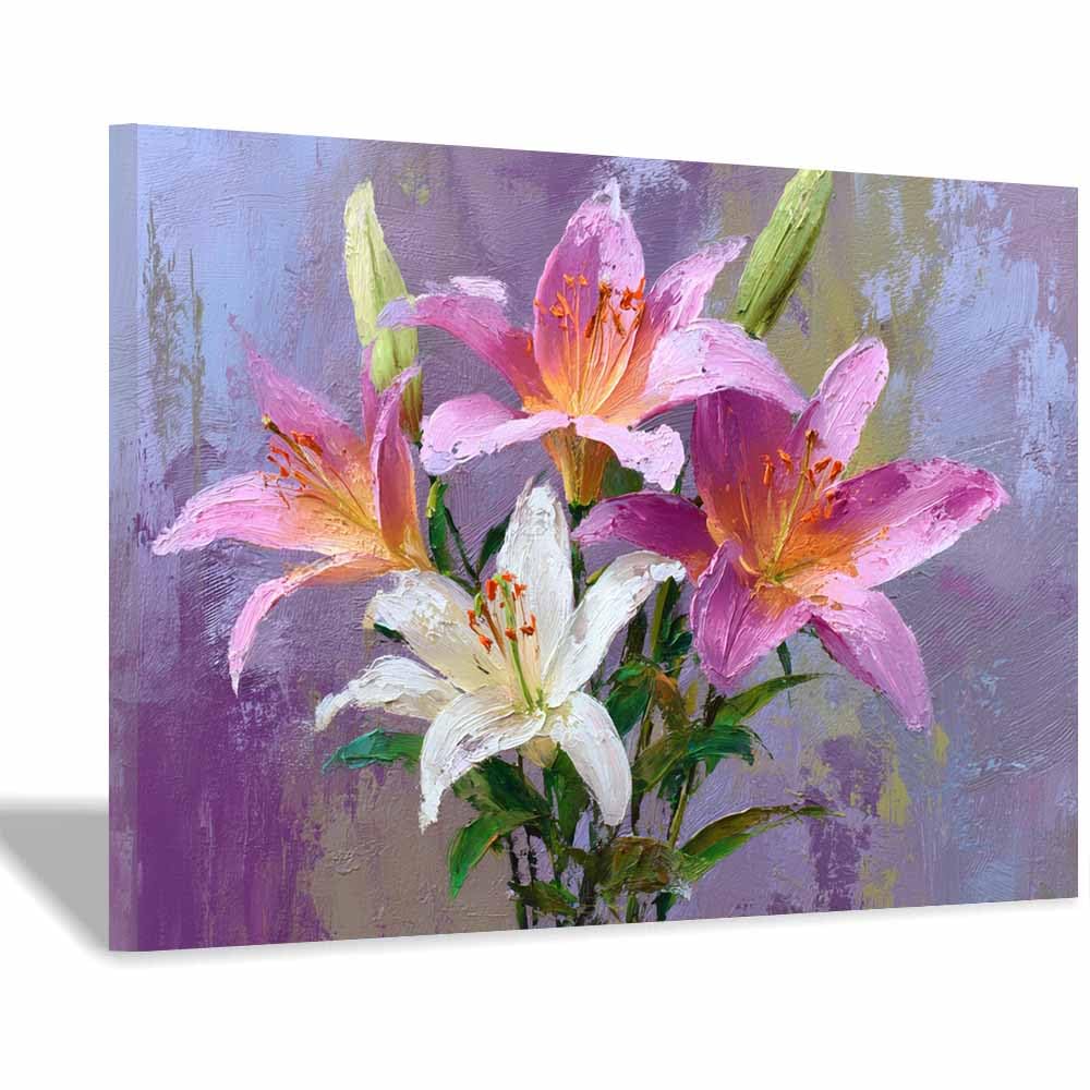 Xeniou Multicolor Flowers Wall Art Pink White Lilies Artwork Canvas Wall Art, For Bedroom Office Home Decorations(Multicolor)-40X60cm Framed