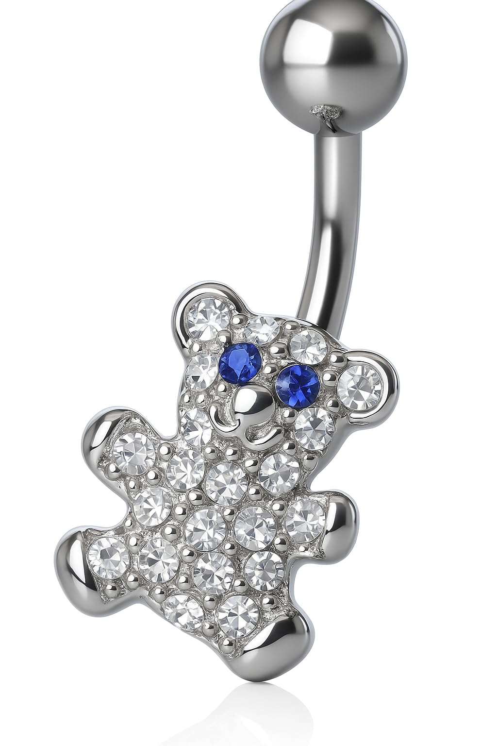 Piercing para el ombligo, plata de ley 925 y circonita, cristal quirúrgico 316L, acero inoxidable tipo bananabell, piercing para el ombligo, 1,6 x 10 mm, oso de peluche azul