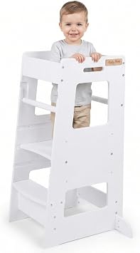 KiddyMoon Toddler Learning Tower, Montessori Kitchen Step Stool, Height Adjustable 3 Levels, Safety Rail, White