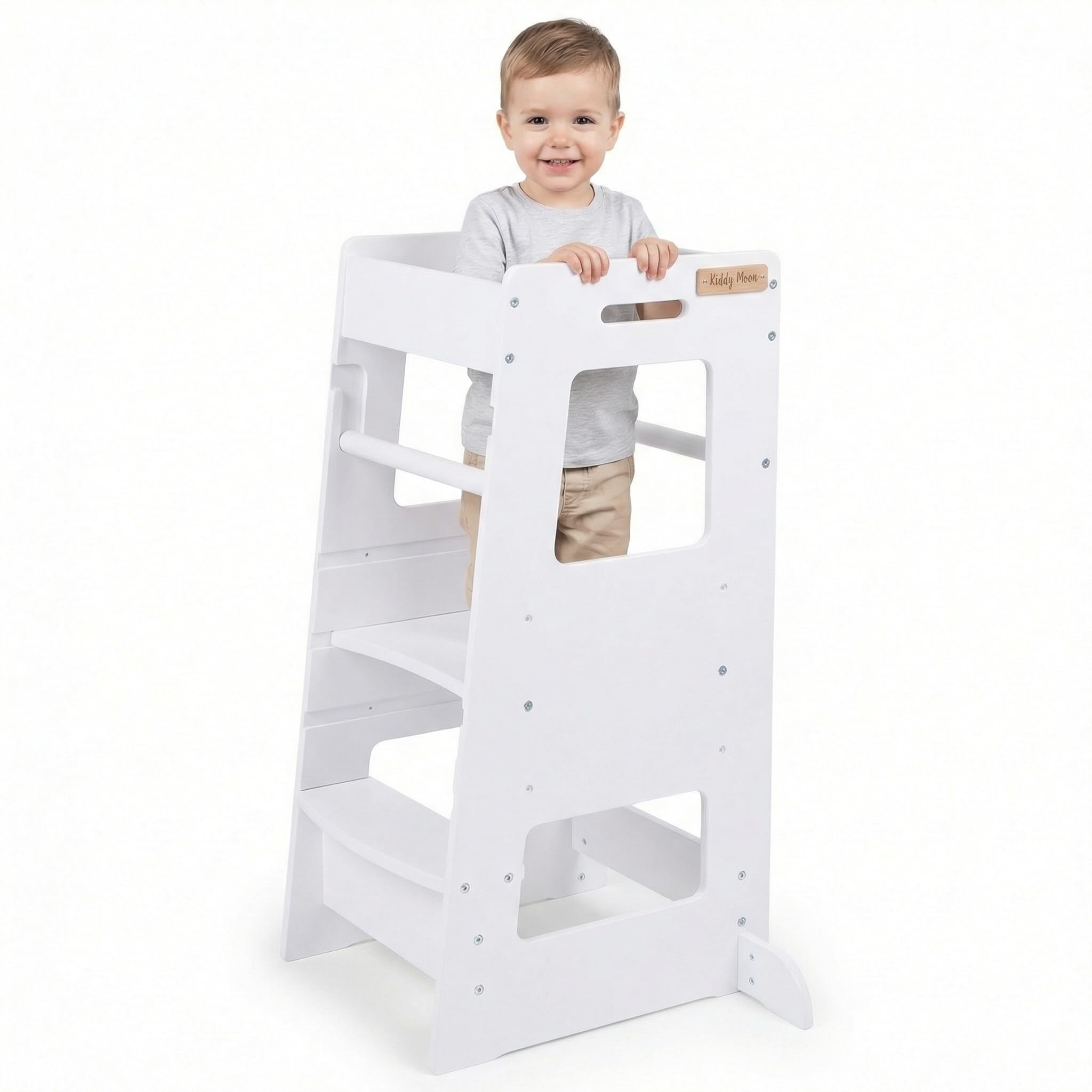 KiddyMoon Lernturm Für Kinder Ab 1 Jahr, Anti-Kipp-Schutz, 3-Fach Höhenverstellbar, Schutzbügel, Montessori Küchenhelfer, Weiß