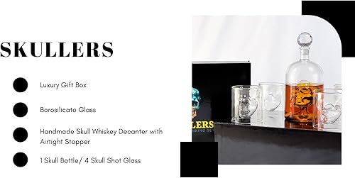 Miniatura 9 de Skullers Juego de bebida de alta calidad, decantador de calavera y 4 vasos de chupito de calavera, decantador de whisky hecho a mano con tapón