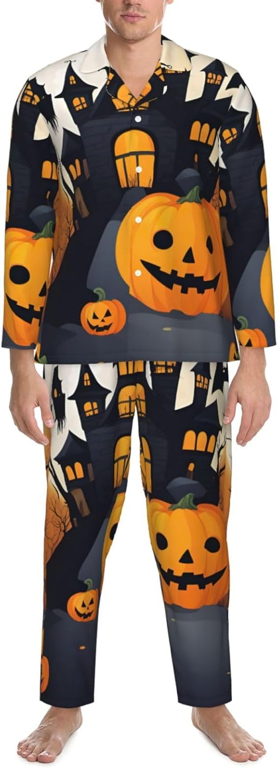Happy-Halloween-Vector Print Luxurious Mens Pajamas Set,Breathable Pajamas Set,Perfect For Lounging Bed,Sofa