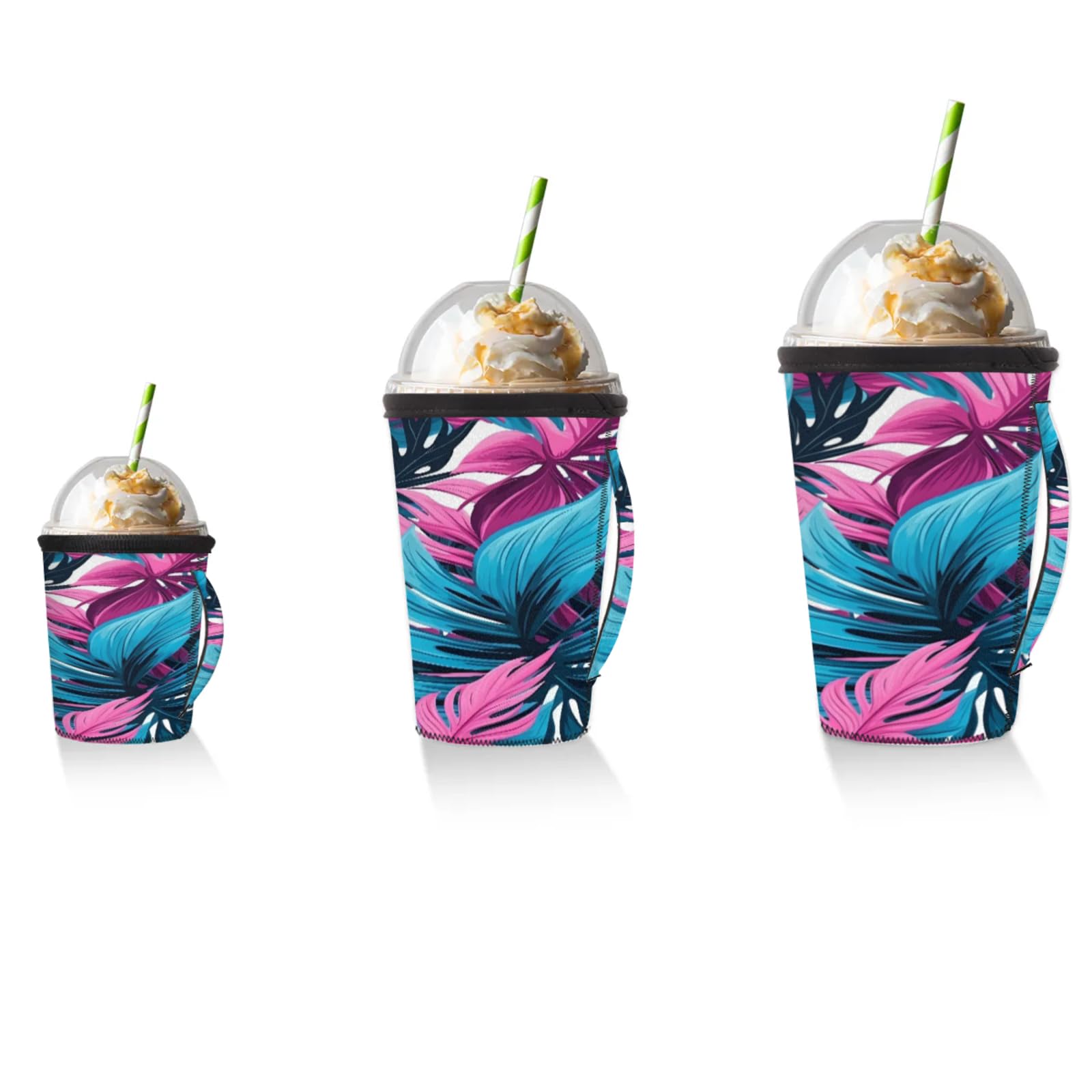 Colorful Tropical Leaves Reusable Neoprene Coffee Sleeve with Handle Insulated Iced Coffee Cup Holder Reduces Condensation Fits 24-28 oz Cups M