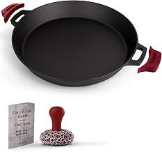 Cuisinel Cast Iron Skillet + Chainmail Scrubber - 17"-Inch Dual Handle Braiser Frying Pan + Silicone Handle Covers - Pre-Seasoned Oven, Grill, BBQ, Stovetop, Fire Safe Cookware - Indoor/Outdoor Use